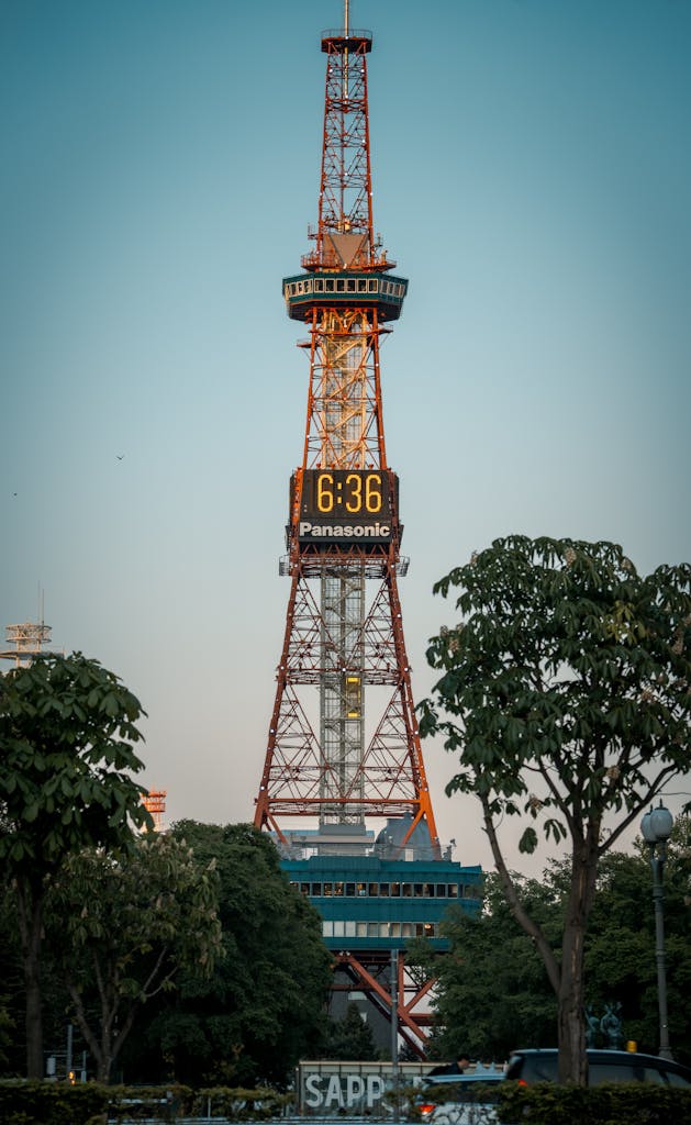 View of Sapporo TV Tower against a clear sky in Hokkaido, Japan.